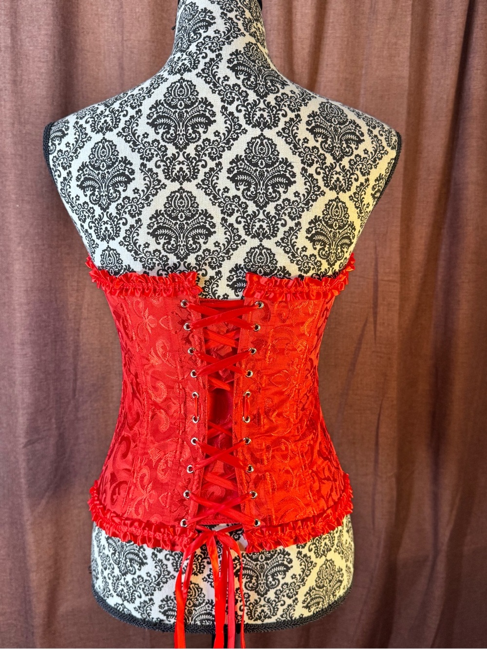 Red Satin Brocade Corset Top With Ruffles and Ribbons size M - Picture 5 of 11